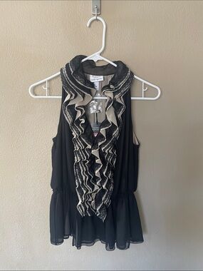Neiman Marcus Robert Rodriguez Black Sleeveless Ruffled Blouse with Cream Trim